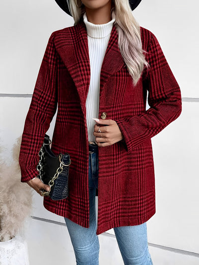 Lapel Plaid One Button Long Sleeves Coat