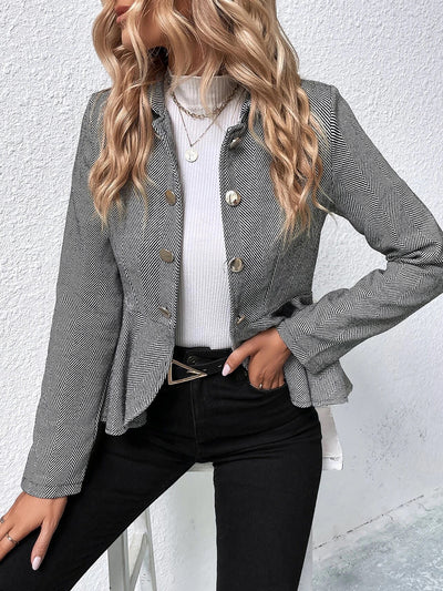 Lapel Jacquard Ruffle Buttoned Peplum Jacket