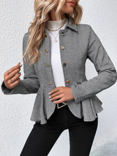 Lapel Jacquard Ruffle Buttoned Peplum Jacket