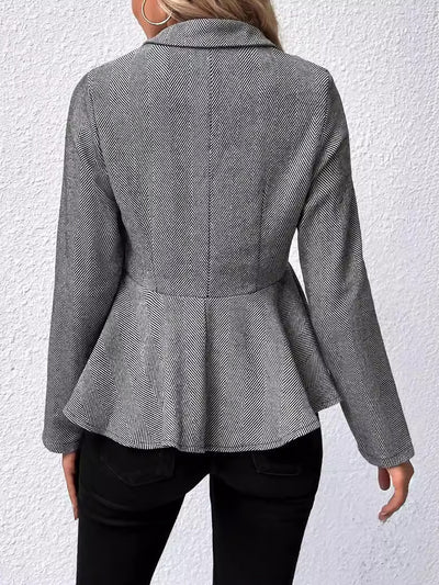 Lapel Jacquard Ruffle Buttoned Peplum Jacket