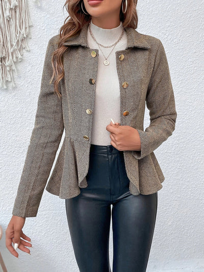 Lapel Jacquard Ruffle Buttoned Peplum Jacket