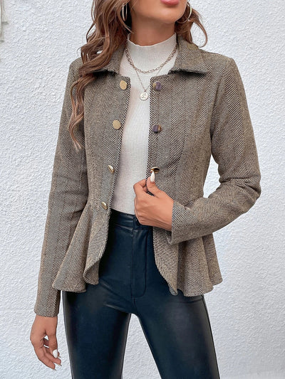 Lapel Jacquard Ruffle Buttoned Peplum Jacket