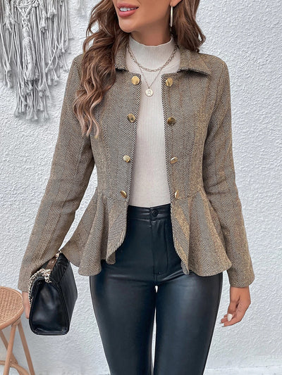 Lapel Jacquard Ruffle Buttoned Peplum Jacket