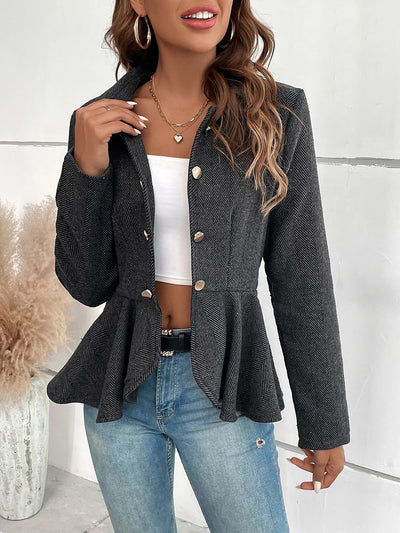 Lapel Jacquard Ruffle Buttoned Peplum Jacket