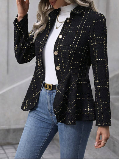 Lapel Jacquard Ruffle Buttoned Peplum Jacket