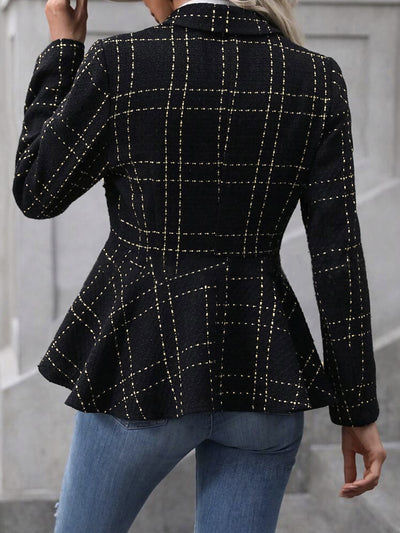 Lapel Jacquard Ruffle Buttoned Peplum Jacket