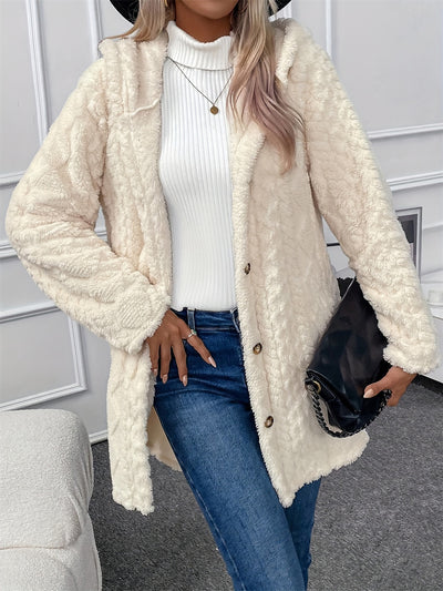 Hooded Solid Color Faux Fur Textured Long Sleeve Jacket