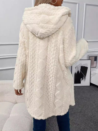 Hooded Solid Color Faux Fur Textured Long Sleeve Jacket