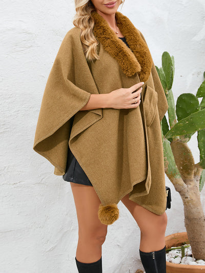 Faux Fur Collar Shawl Loose Knitted Woolen Cape Coat