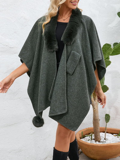 Faux Fur Collar Shawl Loose Knitted Woolen Cape Coat