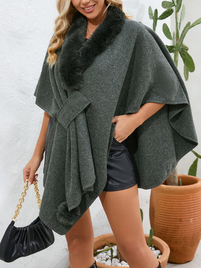 Faux Fur Collar Shawl Loose Knitted Woolen Cape Coat