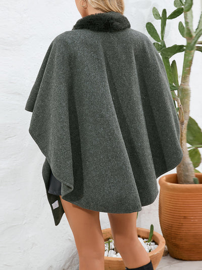 Faux Fur Collar Shawl Loose Knitted Woolen Cape Coat