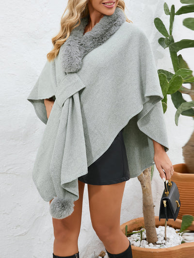 Faux Fur Collar Shawl Loose Knitted Woolen Cape Coat