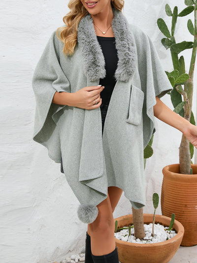 Faux Fur Collar Shawl Loose Knitted Woolen Cape Coat