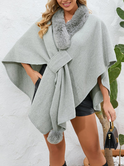 Faux Fur Collar Shawl Loose Knitted Woolen Cape Coat