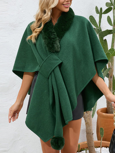 Faux Fur Collar Shawl Loose Knitted Woolen Cape Coat