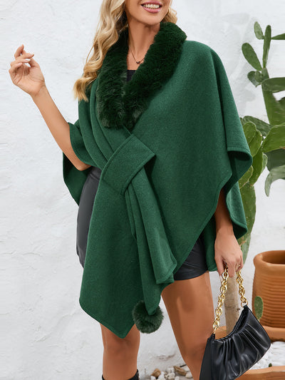 Faux Fur Collar Shawl Loose Knitted Woolen Cape Coat