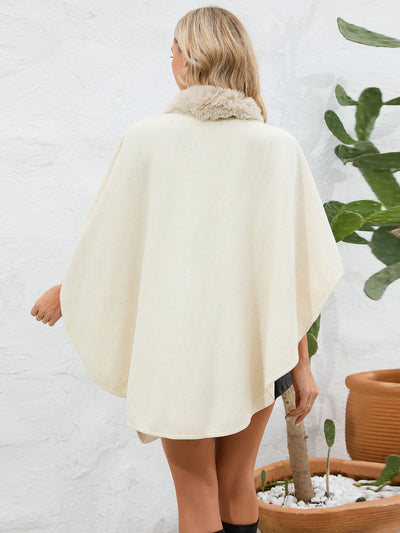 Faux Fur Collar Shawl Loose Knitted Woolen Cape Coat