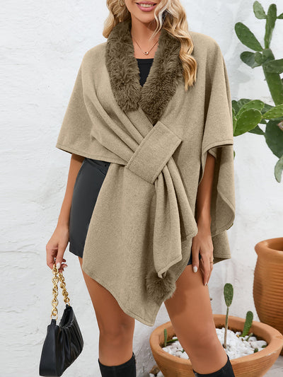 Faux Fur Collar Shawl Loose Knitted Woolen Cape Coat