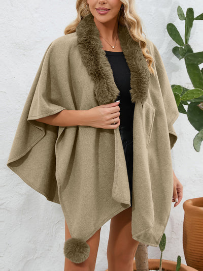 Faux Fur Collar Shawl Loose Knitted Woolen Cape Coat