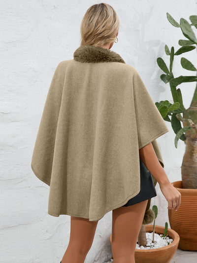 Faux Fur Collar Shawl Loose Knitted Woolen Cape Coat