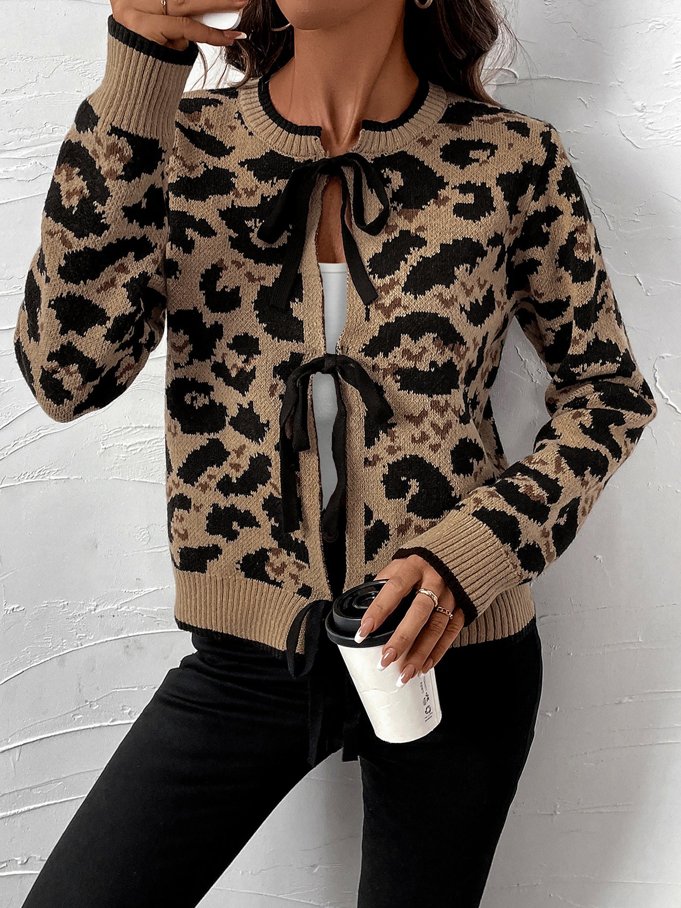 Allegra K Leopard Lace-Up Long Sleeve Knitted Sweater Cardigan