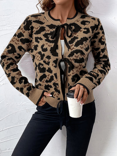 Leopard Lace-Up Long Sleeve Knitted Sweater Cardigan