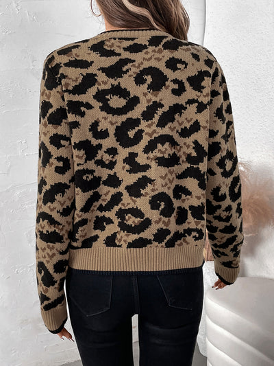 Leopard Lace-Up Long Sleeve Knitted Sweater Cardigan