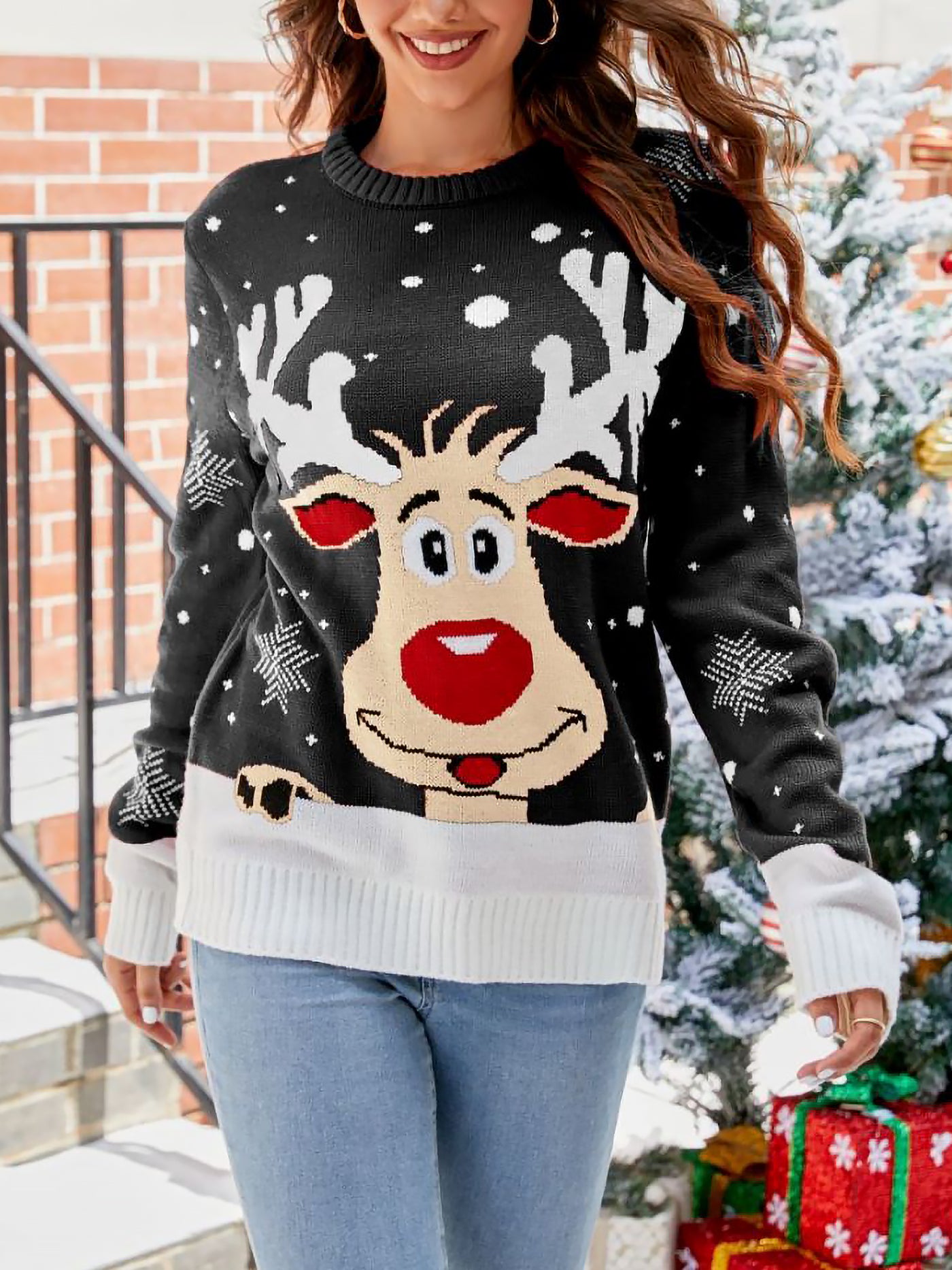 Allegra K Christmas Deer Long Sleeves Pullover Sweater