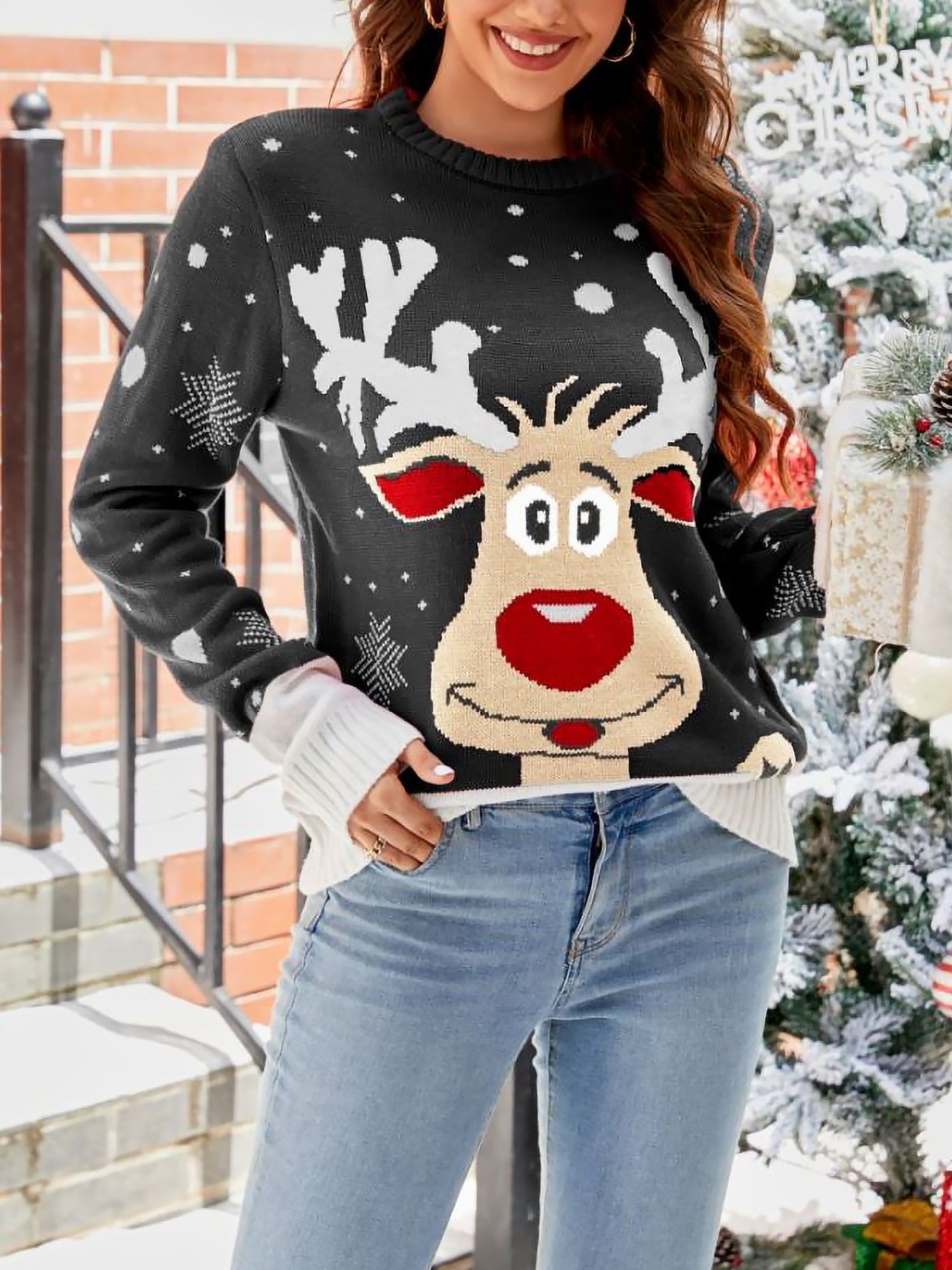 Allegra K Christmas Deer Long Sleeves Pullover Sweater