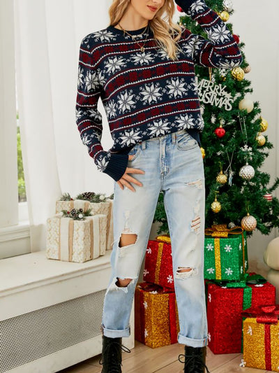 Christmas Snowflake Round Neck Long Sleeve Sweater