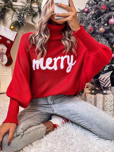 Allegra K Merry Christmas Loose Bat Sleeve Turtle Neck Sweater