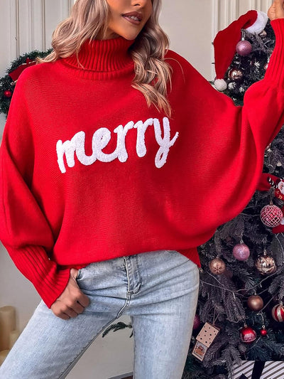 Merry Christmas Loose Bat Sleeve Turtle Neck Sweater