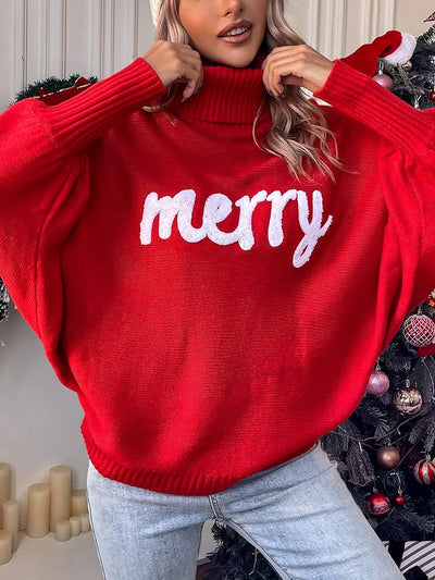 Merry Christmas Loose Bat Sleeve Turtle Neck Sweater