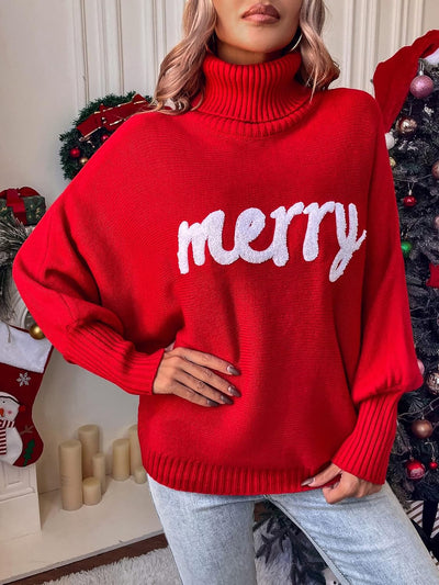 Merry Christmas Loose Bat Sleeve Turtle Neck Sweater