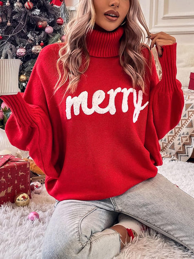 Merry Christmas Loose Bat Sleeve Turtle Neck Sweater