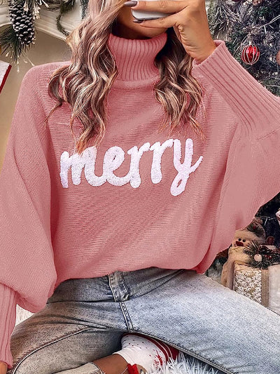 Merry Christmas Loose Bat Sleeve Turtle Neck Sweater