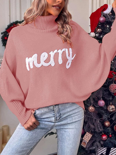 Merry Christmas Loose Bat Sleeve Turtle Neck Sweater