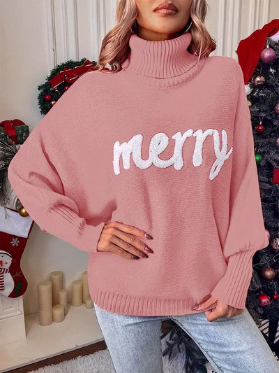 Merry Christmas Loose Bat Sleeve Turtle Neck Sweater