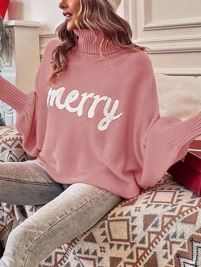 Merry Christmas Loose Bat Sleeve Turtle Neck Sweater