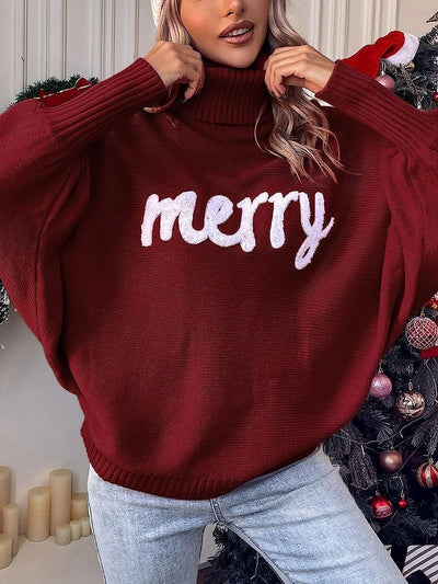 Merry Christmas Loose Bat Sleeve Turtle Neck Sweater