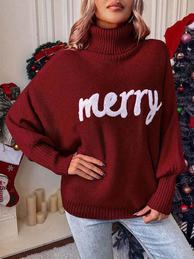 Merry Christmas Loose Bat Sleeve Turtle Neck Sweater