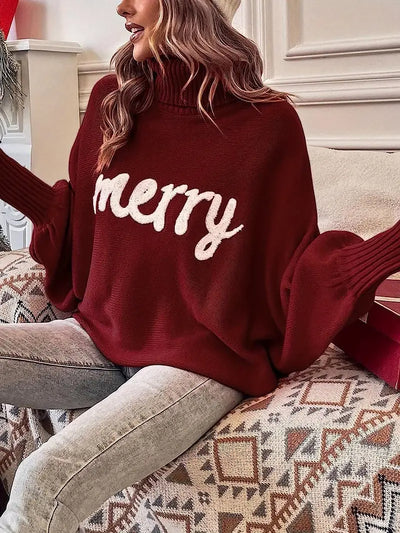 Merry Christmas Loose Bat Sleeve Turtle Neck Sweater