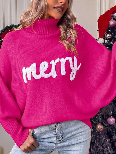 Merry Christmas Loose Bat Sleeve Turtle Neck Sweater