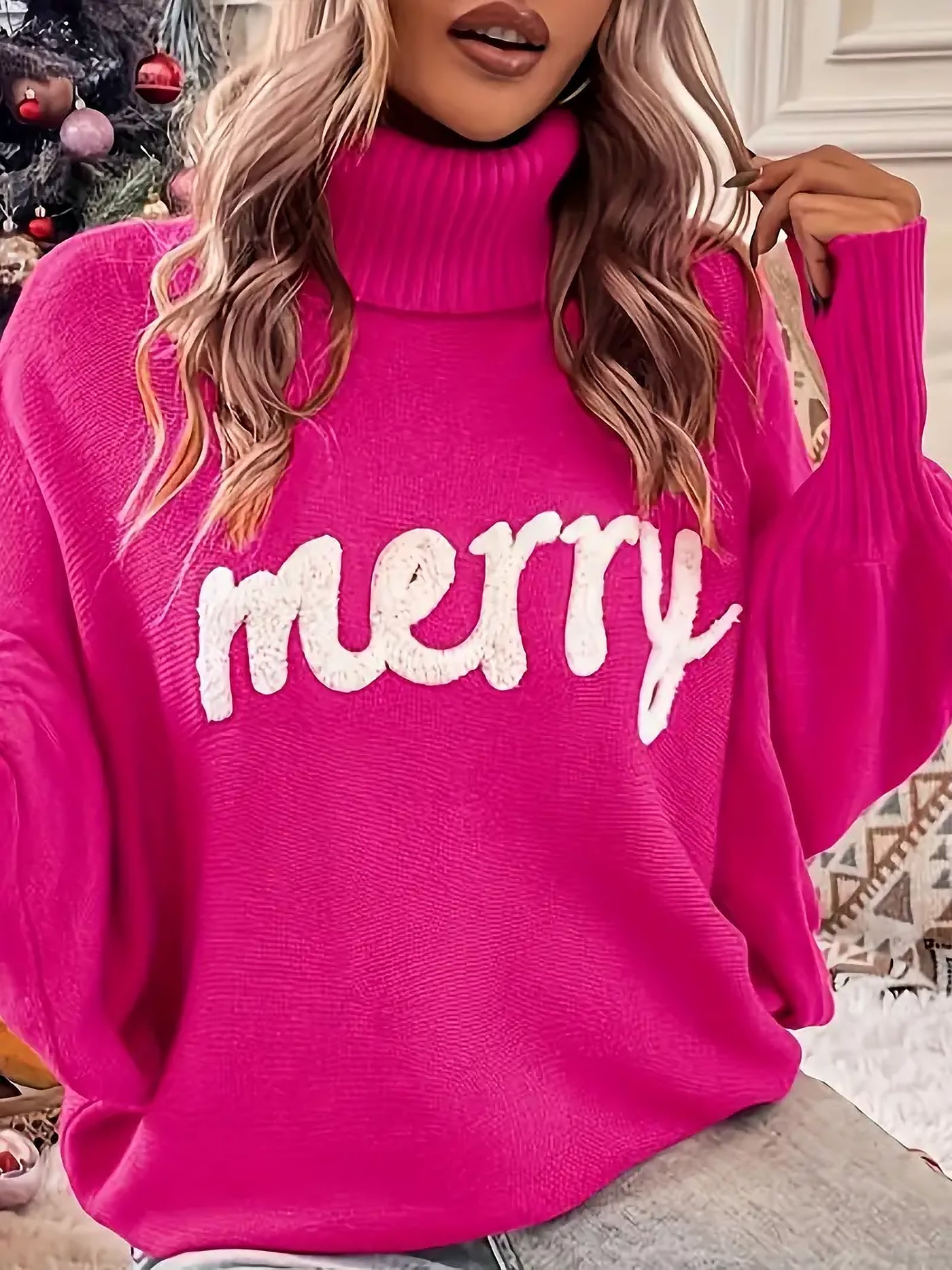 Allegra K Merry Christmas Loose Bat Sleeve Turtle Neck Sweater