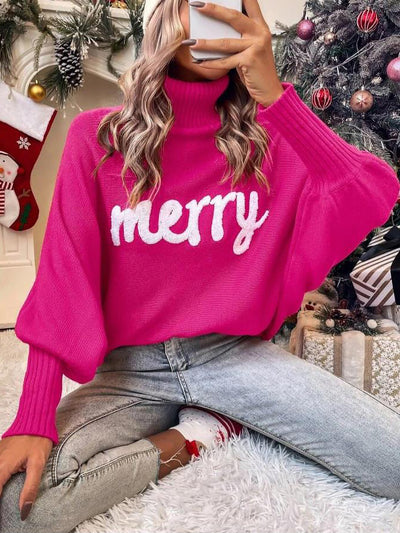 Merry Christmas Loose Bat Sleeve Turtle Neck Sweater