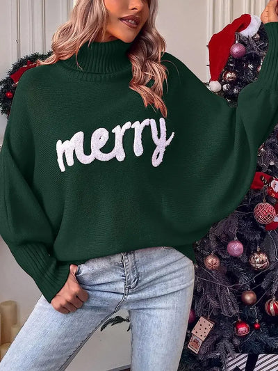 Merry Christmas Loose Bat Sleeve Turtle Neck Sweater