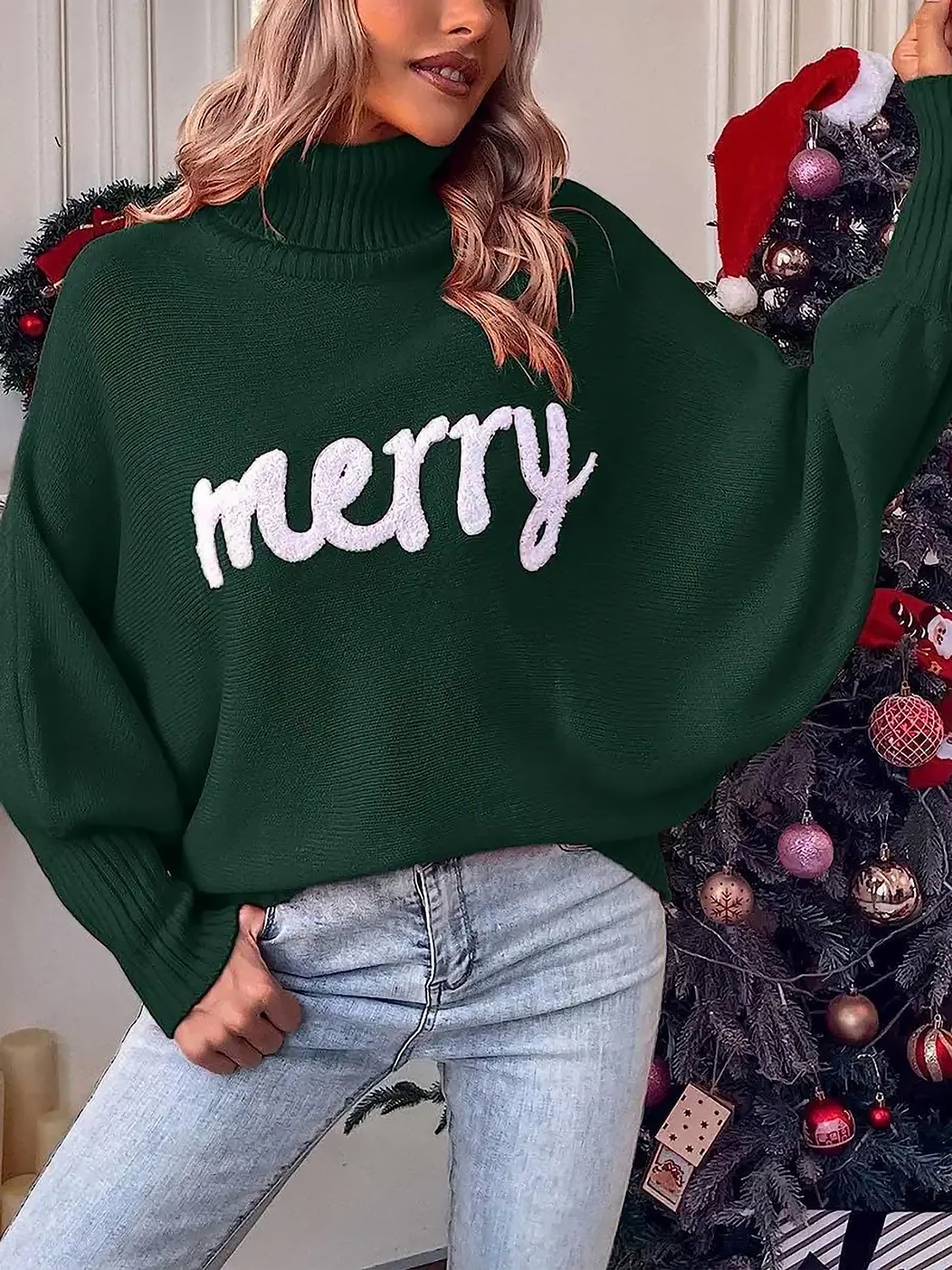 Allegra K Merry Christmas Loose Bat Sleeve Turtle Neck Sweater