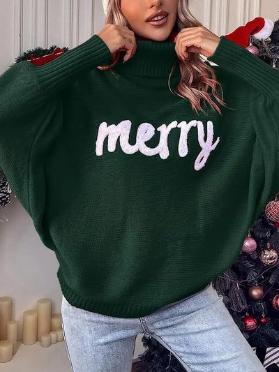 Merry Christmas Loose Bat Sleeve Turtle Neck Sweater