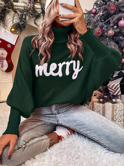 Merry Christmas Loose Bat Sleeve Turtle Neck Sweater